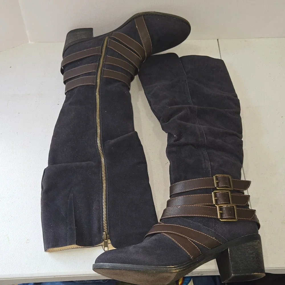 Cato Womens Size 9 Black Faux Suede Knee High Boots Brown Buckle Straps 37830346